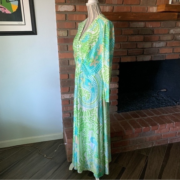 VTG Rona New York by Saks Fifth Avenue Green Retro Paisley Flower Maxi Dress - Picture 4 of 10
